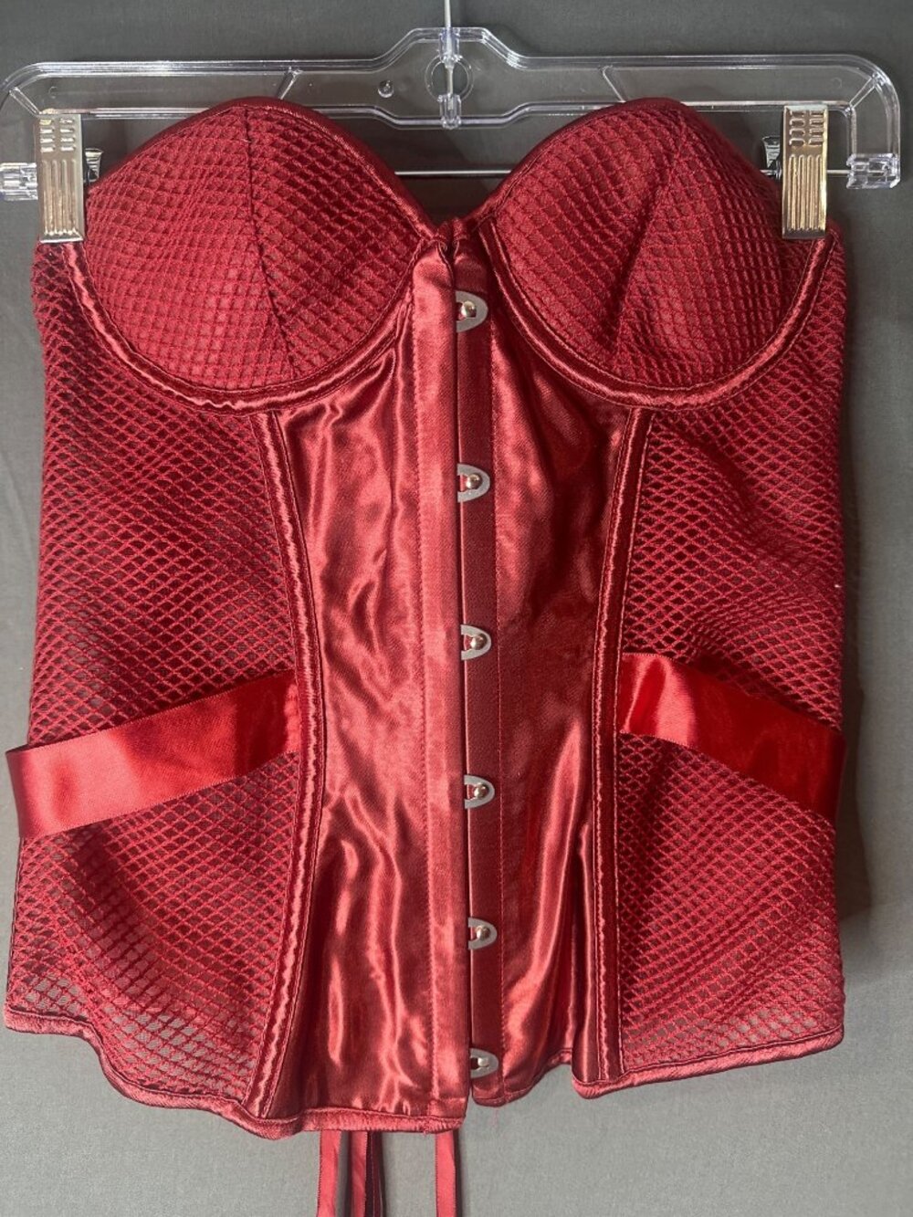 Adore Me M Red Satin Corset Bustier Mesh Top Gothic Romantic Coquette Burlesque